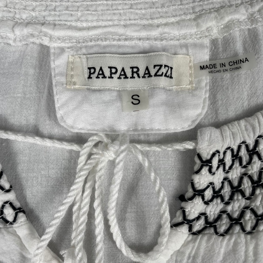 Paparazzi Womens White Cotton Embroidered Peasant Blouse Boho Tassel Top Small - Picture 4 of 7
